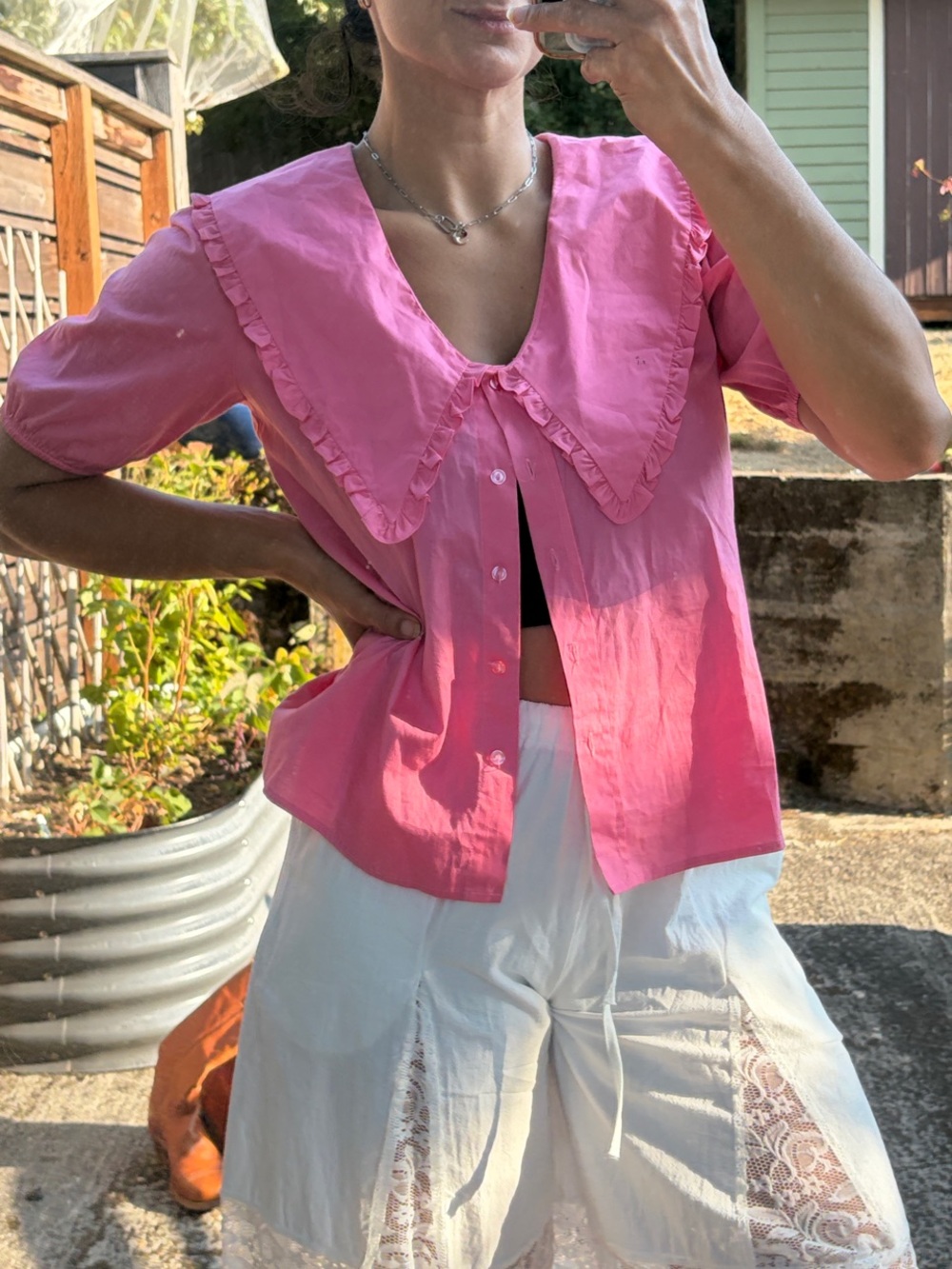 Wayf Pink Ruffle-Trim Button Down Top